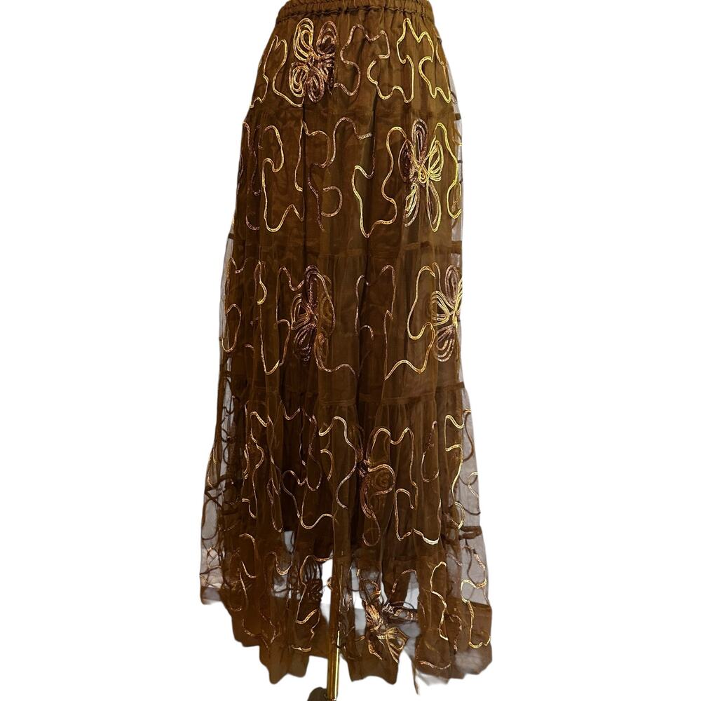 Maxi Skirt Boho Brown W/ Gold Embroidery One Size Lining Tulle Sterling Styles